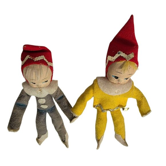 2 Vintage Christmas Pixie Elf Dolls MCM Shelf Sitter Posable Felt Holiday Decor - Picture 6 of 9